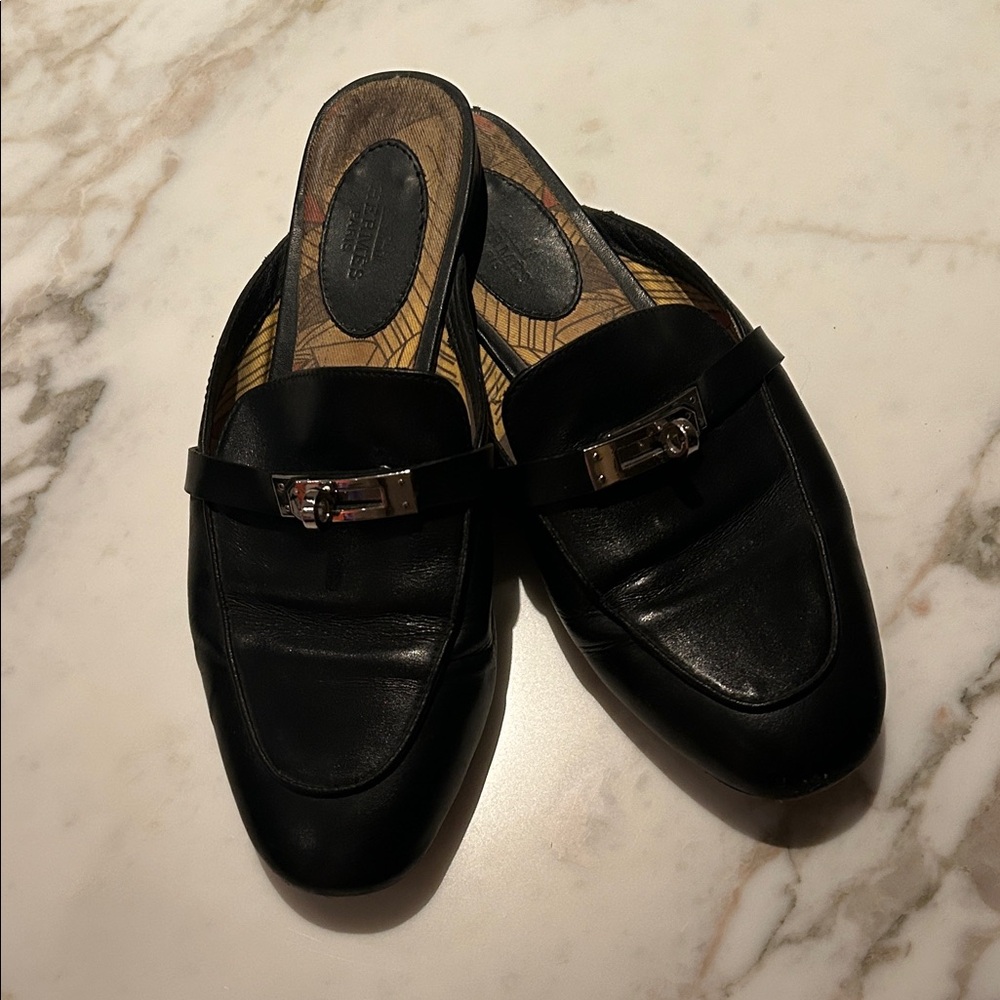Hermes Black Leather Mules with Silver Accent